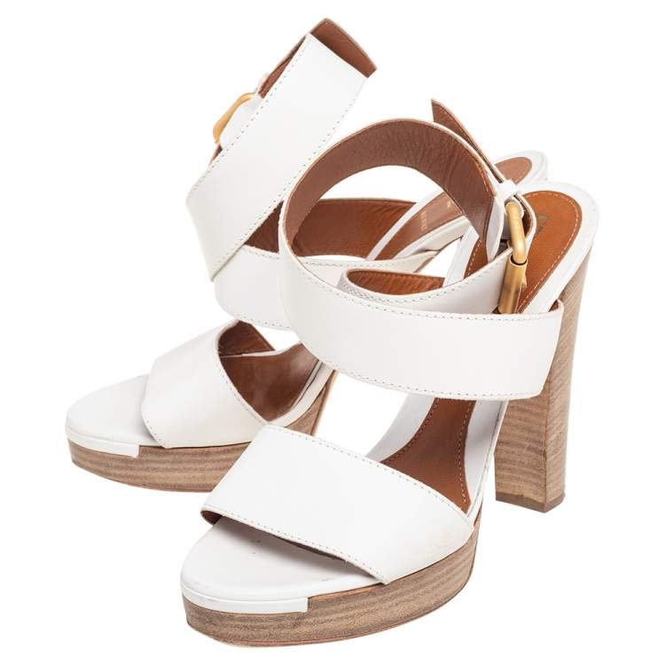 Pre Owned Fendi White Leather Cross Ankle Strap Platform Sandals Size 38