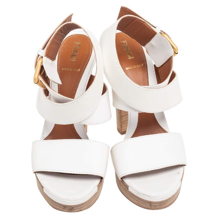 Pre Owned Fendi White Leather Cross Ankle Strap Platform Sandals Size 38
