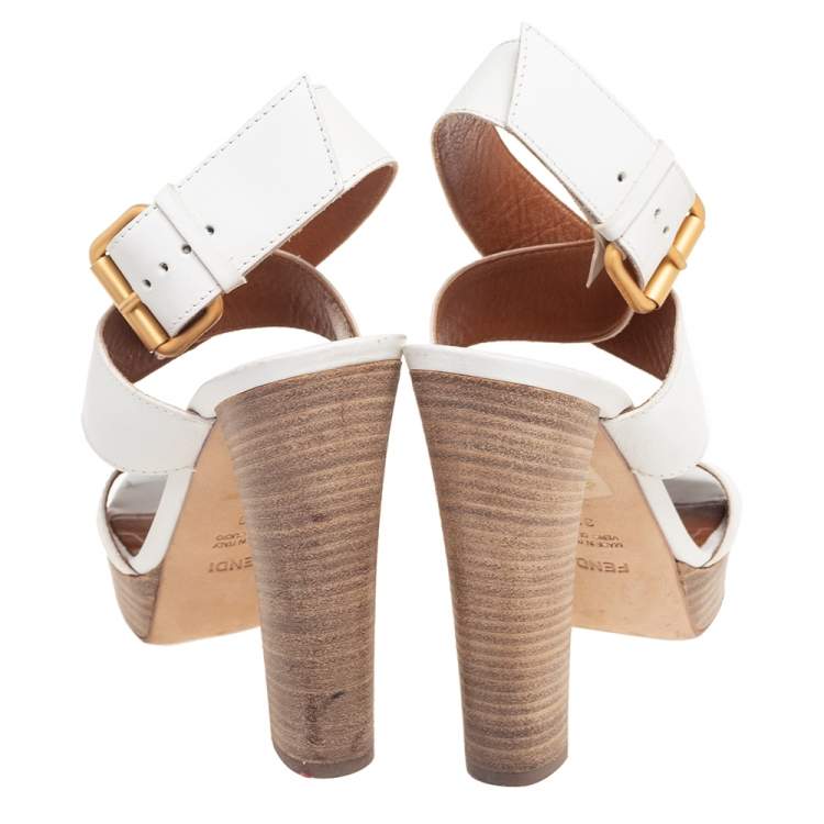 Pre Owned Fendi White Leather Cross Ankle Strap Platform Sandals Size 38