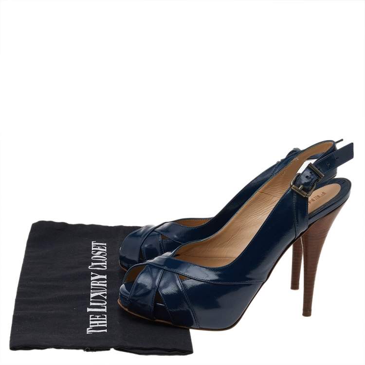 Pre Owned Fendi Blue Patent Leather Peep Toe Slingback Sandals Size 39.5