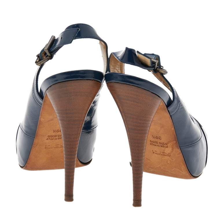 Pre Owned Fendi Blue Patent Leather Peep Toe Slingback Sandals Size 39.5
