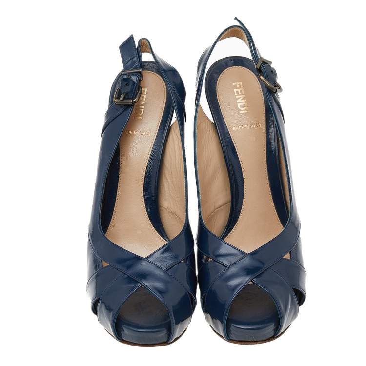 Pre Owned Fendi Blue Patent Leather Peep Toe Slingback Sandals Size 39.5