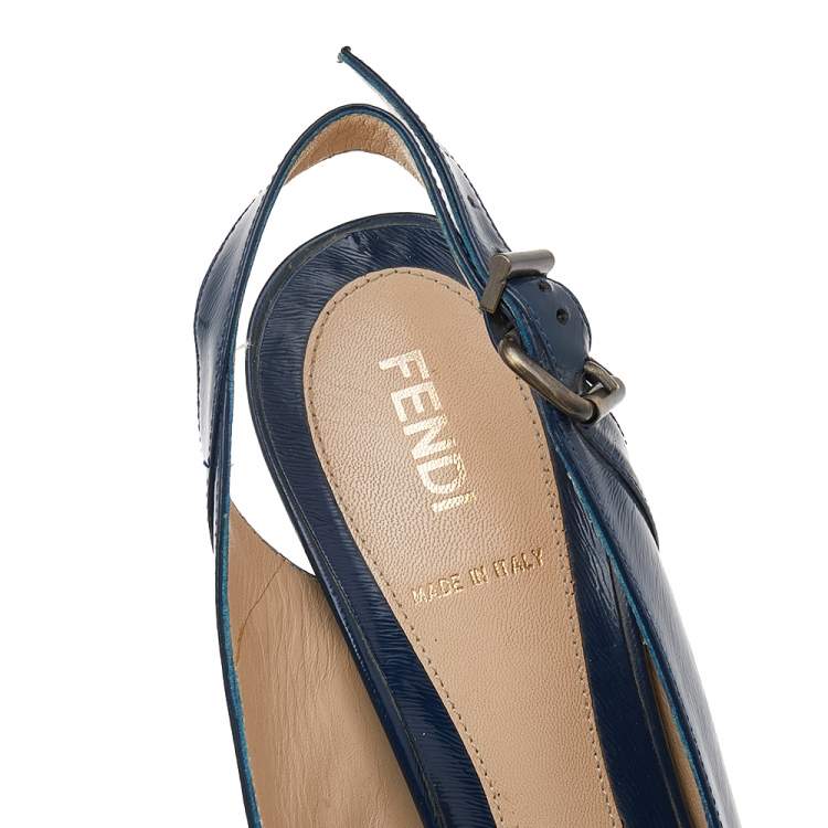 Pre Owned Fendi Blue Patent Leather Peep Toe Slingback Sandals Size 39.5