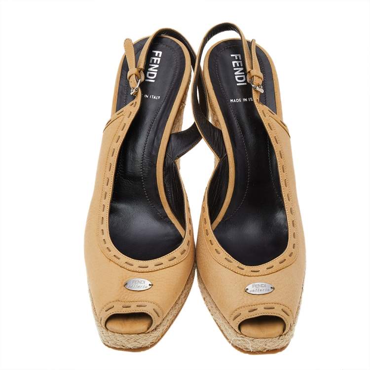Pre Owned Fendi Yellow Leather Peep Toe Espadrille Wedge Slingback Sandals Size 41