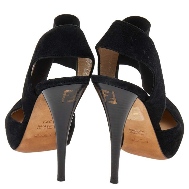 Pre Owned Fendi Black Suede And Elastic Ankle Strap Platform Sandals Size 37.5