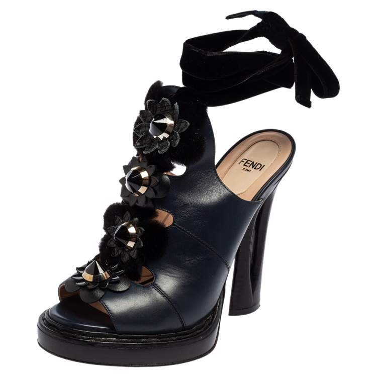 Pre Owned Fendi Blue/Black Leather Floral Applique Ankle-Wrap Mule Sandals Size 37 