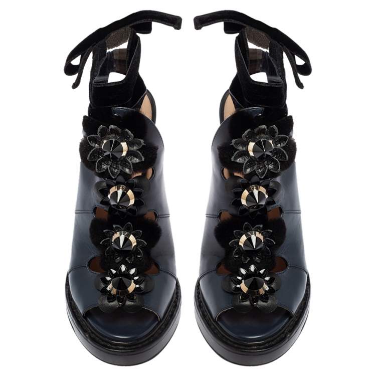 Pre Owned Fendi Blue/Black Leather Floral Applique Ankle-Wrap Mule Sandals Size 37 