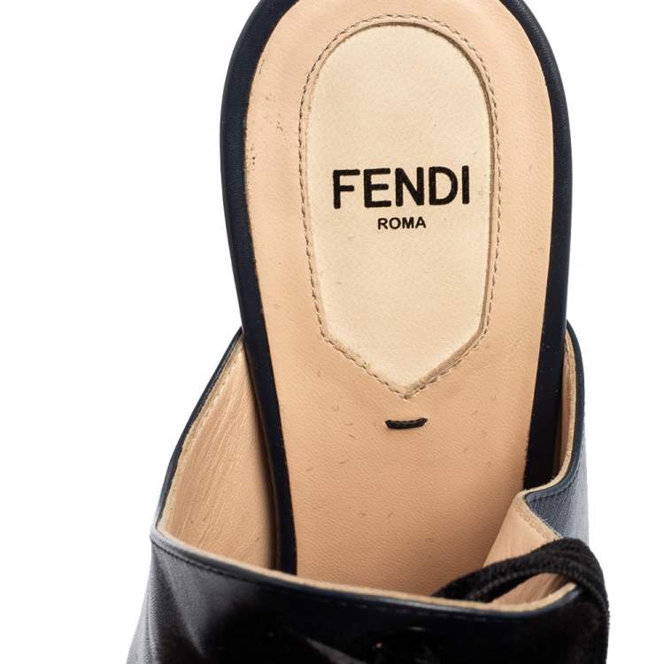 Pre Owned Fendi Blue/Black Leather Floral Applique Ankle-Wrap Mule Sandals Size 37 