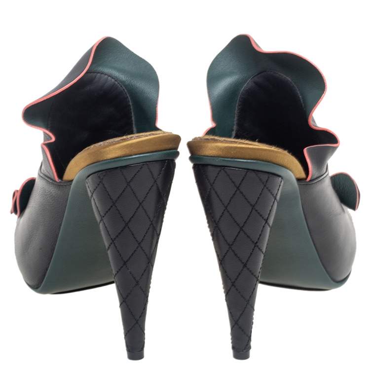 Pre Owned Fendi Multicolor Leather Waves Ruffled Mule Sandals Size 37.5 