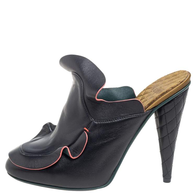 Pre Owned Fendi Multicolor Leather Waves Ruffled Mule Sandals Size 37.5 