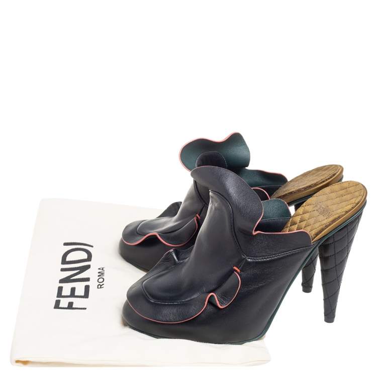 Pre Owned Fendi Multicolor Leather Waves Ruffled Mule Sandals Size 37.5 