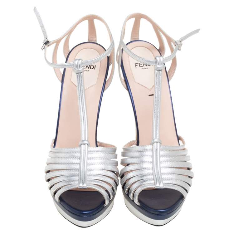 Pre Owned Fendi Metallic Silver Leather T- Strap Platform Sandals Size 38