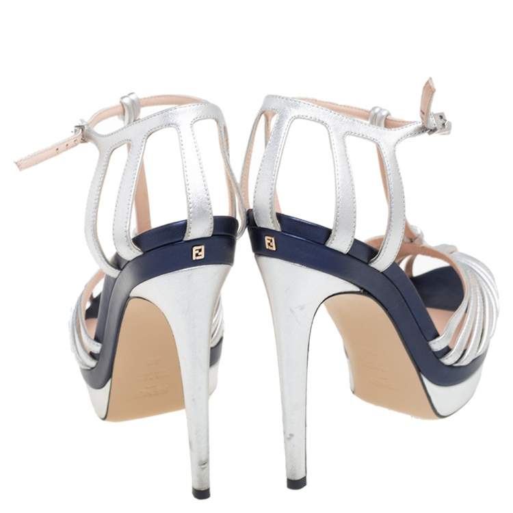 Pre Owned Fendi Metallic Silver Leather T- Strap Platform Sandals Size 38