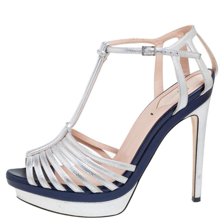 Pre Owned Fendi Metallic Silver Leather T- Strap Platform Sandals Size 38