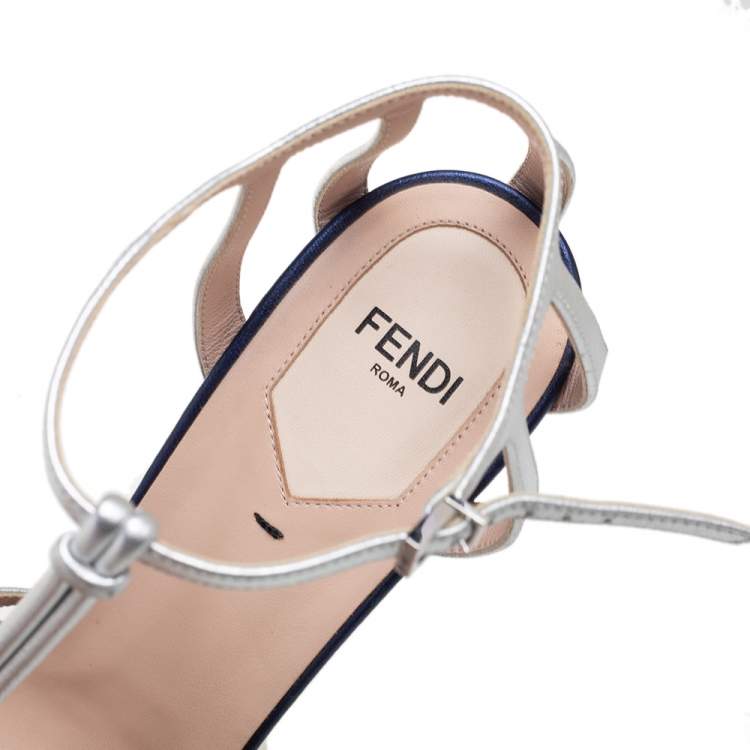 Pre Owned Fendi Metallic Silver Leather T- Strap Platform Sandals Size 38