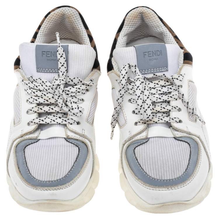 Pre Owned Fendi White/Brown Leather And Fabric Low Top Sneakers Size 38