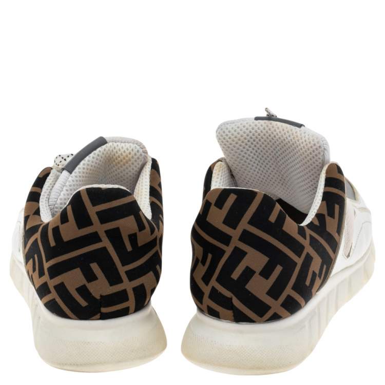 Pre Owned Fendi White/Brown Leather And Fabric Low Top Sneakers Size 38
