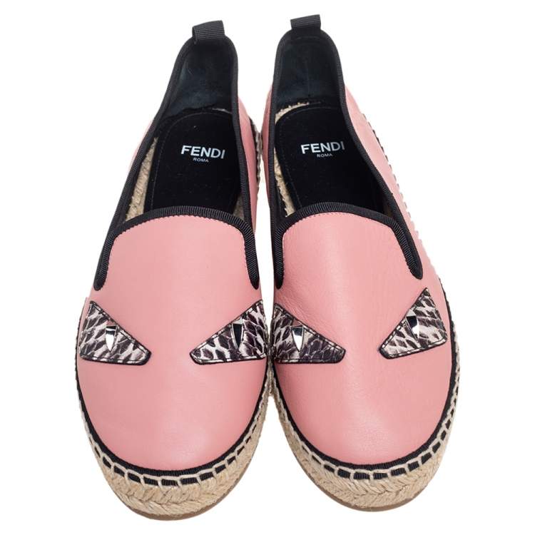 Pre Owned Fendi Pink Leather Bug Eye Espadrille Flats Size 37.5