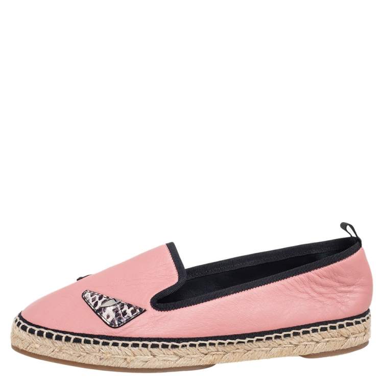 Pre Owned Fendi Pink Leather Bug Eye Espadrille Flats Size 37.5