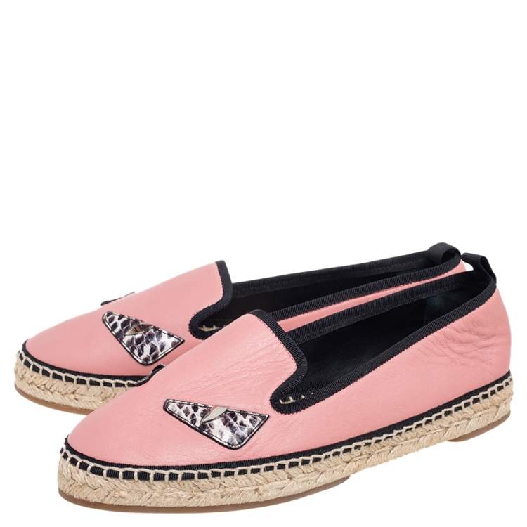 Pre Owned Fendi Pink Leather Bug Eye Espadrille Flats Size 37.5