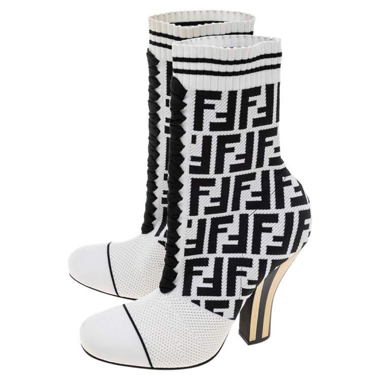 Pre Owned Fendi White/Black FF Knit Fabric Sock Boots Size 38