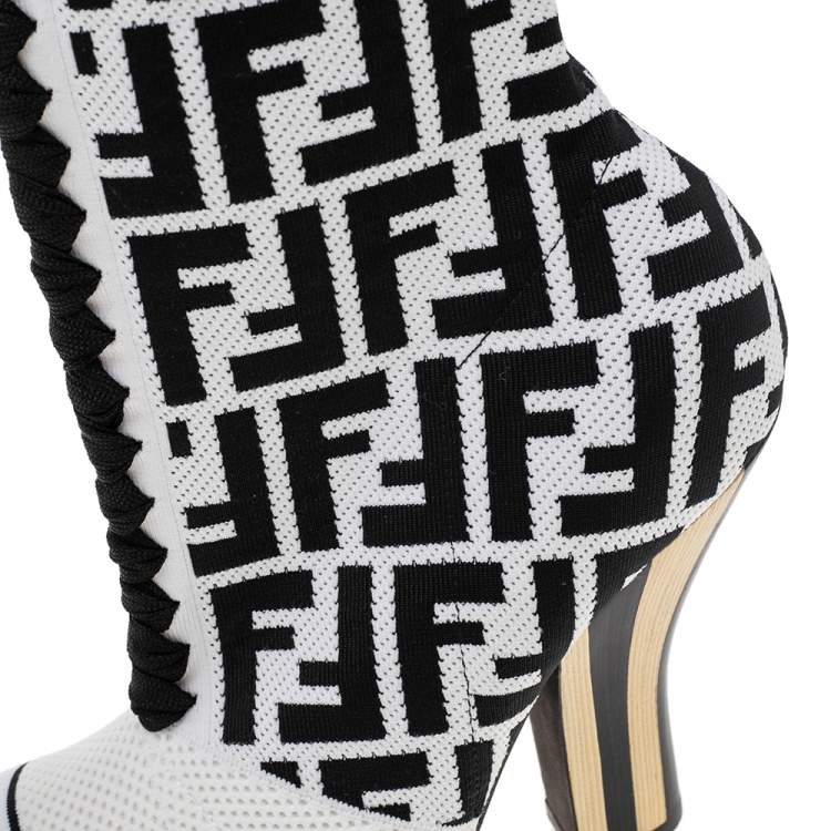Pre Owned Fendi White/Black FF Knit Fabric Sock Boots Size 38