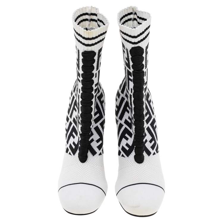 Pre Owned Fendi White/Black FF Knit Fabric Sock Boots Size 38
