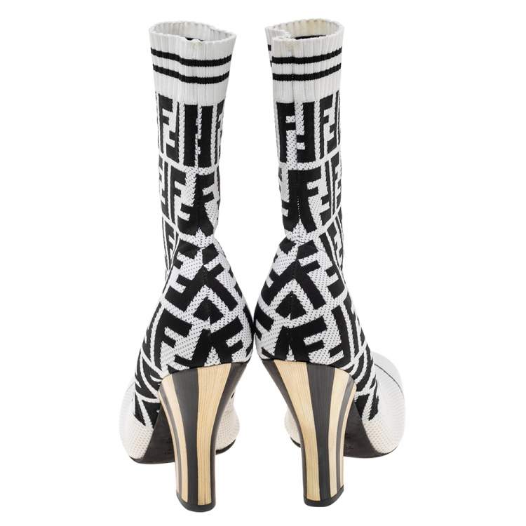 Pre Owned Fendi White/Black FF Knit Fabric Sock Boots Size 38