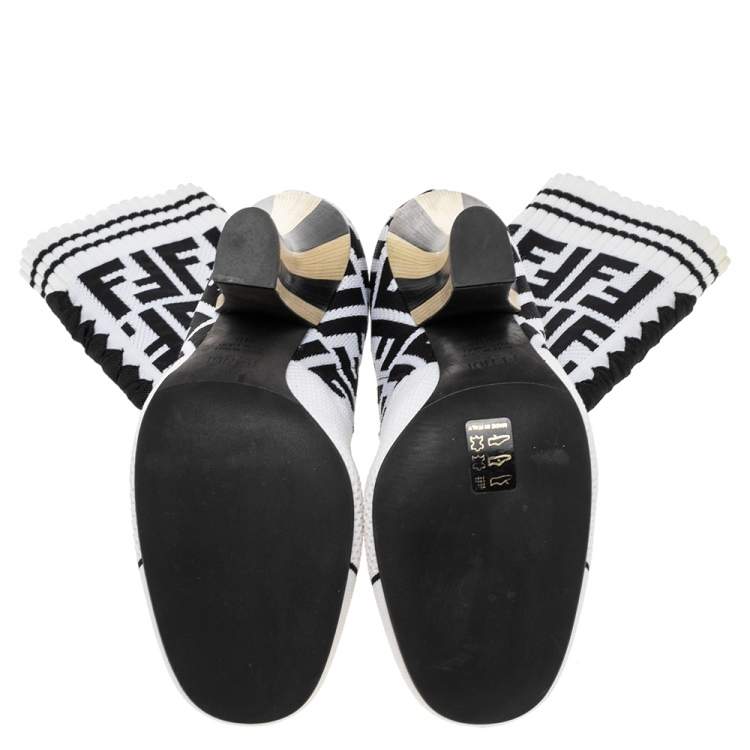 Pre Owned Fendi White/Black FF Knit Fabric Sock Boots Size 38