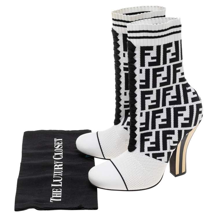 Pre Owned Fendi White/Black FF Knit Fabric Sock Boots Size 38