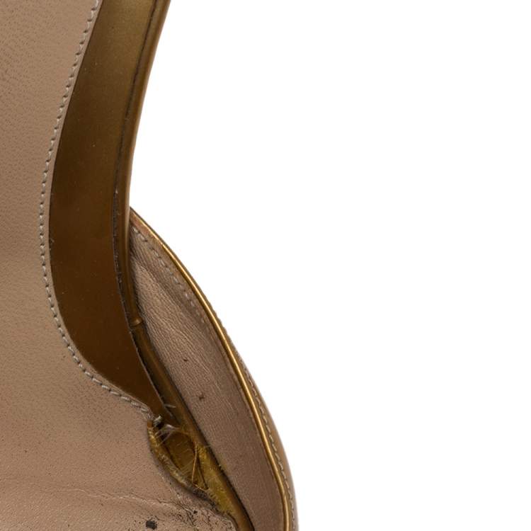 Pre Owned Fendi Gold Patent Leather FF Superstar Peep Toe Mule Slides Size 41