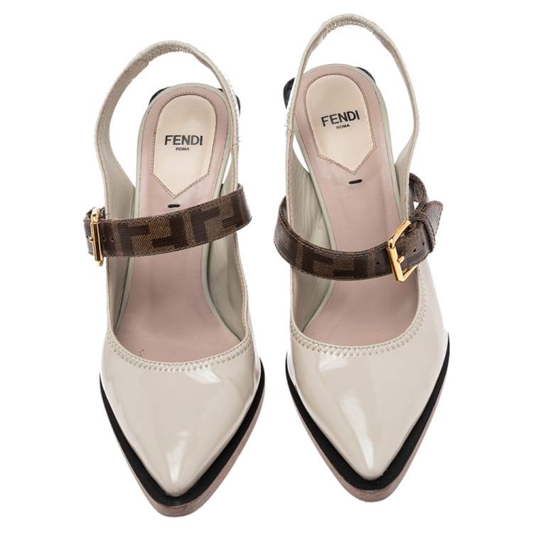 Pre Owned Fendi Grey Patent Leather And Canvas Slingback Sandals Size 38