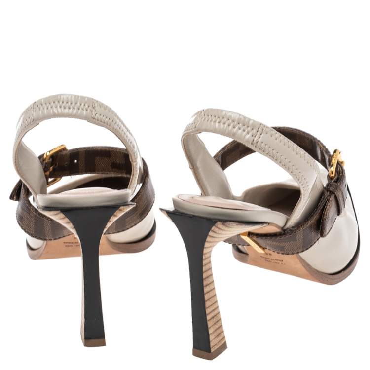 Pre Owned Fendi Grey Patent Leather And Canvas Slingback Sandals Size 38