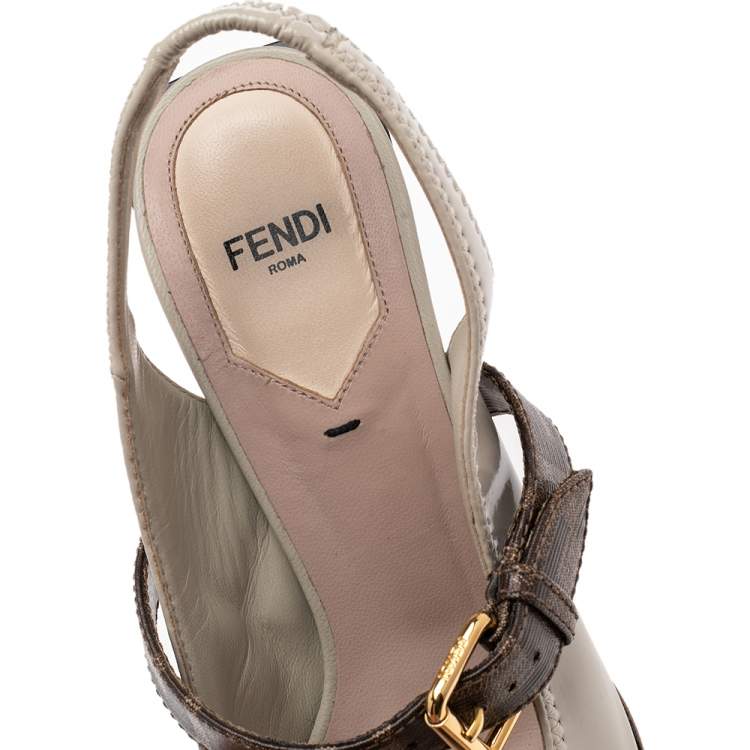 Pre Owned Fendi Grey Patent Leather And Canvas Slingback Sandals Size 38