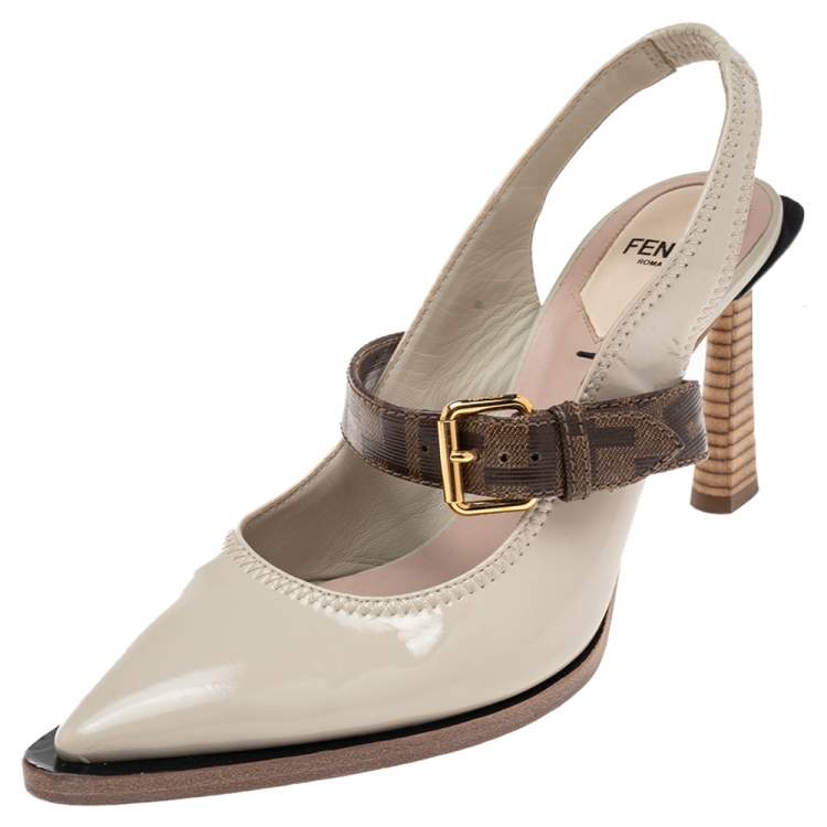 Pre Owned Fendi Grey Patent Leather And Canvas Slingback Sandals Size 38