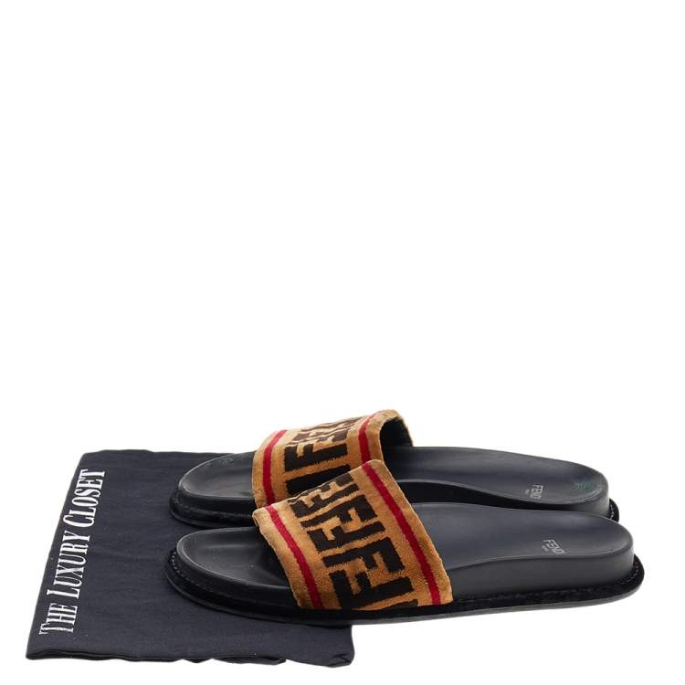 Pre Owned Fendi Brown Zucca Velvet Flat Slide Sandals Size 38