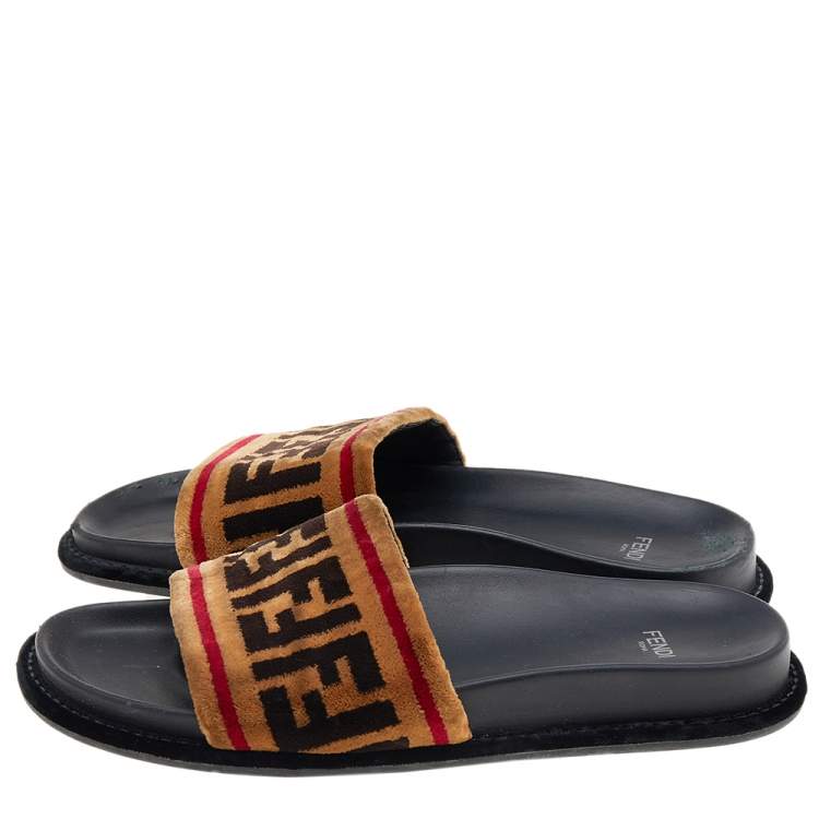 Pre Owned Fendi Brown Zucca Velvet Flat Slide Sandals Size 38