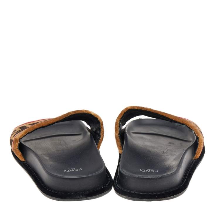 Pre Owned Fendi Brown Zucca Velvet Flat Slide Sandals Size 38