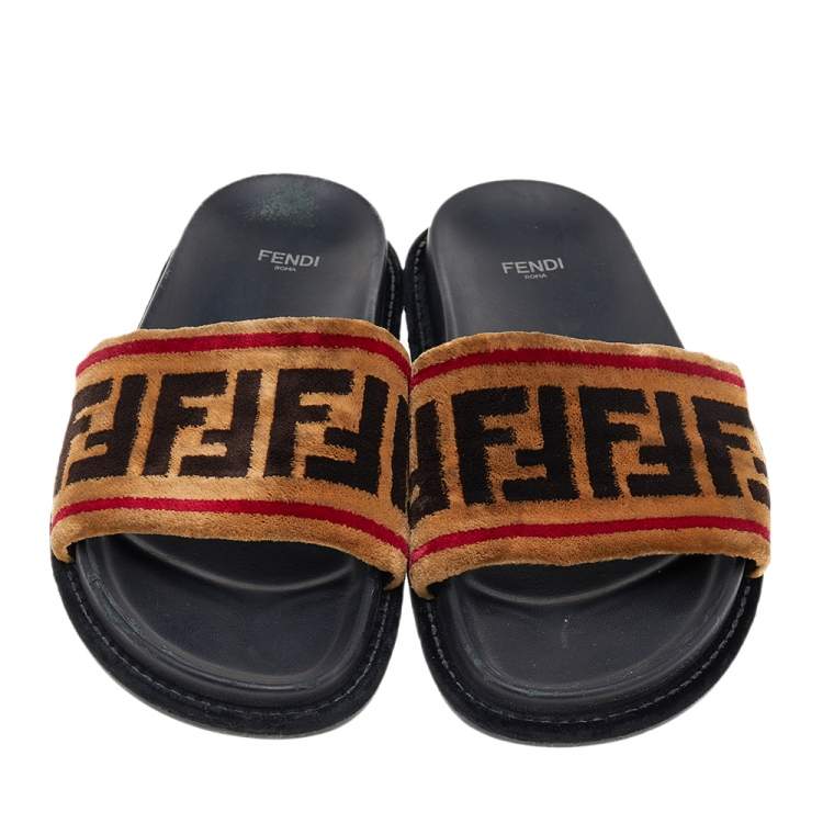 Pre Owned Fendi Brown Zucca Velvet Flat Slide Sandals Size 38