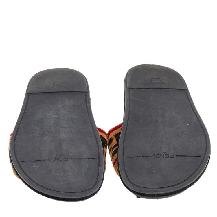 Pre Owned Fendi Brown Zucca Velvet Flat Slide Sandals Size 38