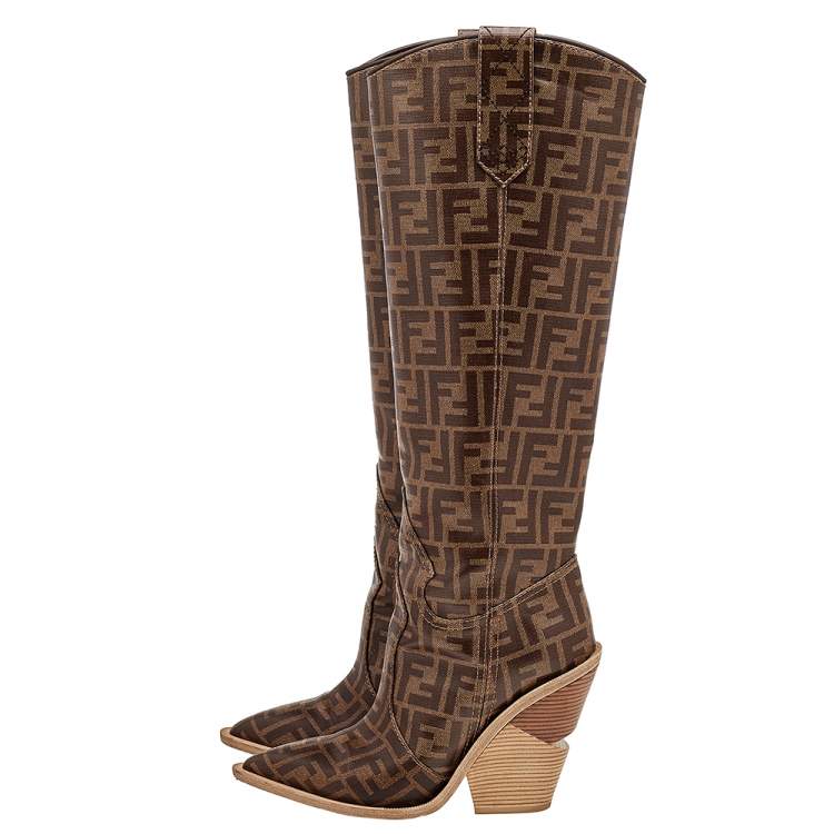 مملوكة مسبقًا Fendi Brown FF Zucca Coated Canvas Knee Length Wooden Heel Boots Size 39
