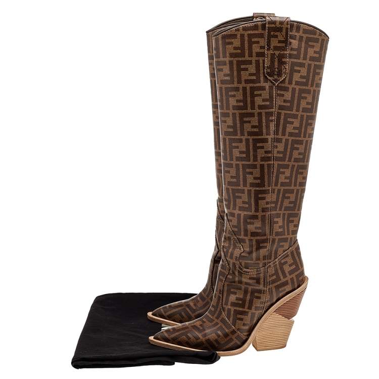 مملوكة مسبقًا Fendi Brown FF Zucca Coated Canvas Knee Length Wooden Heel Boots Size 39