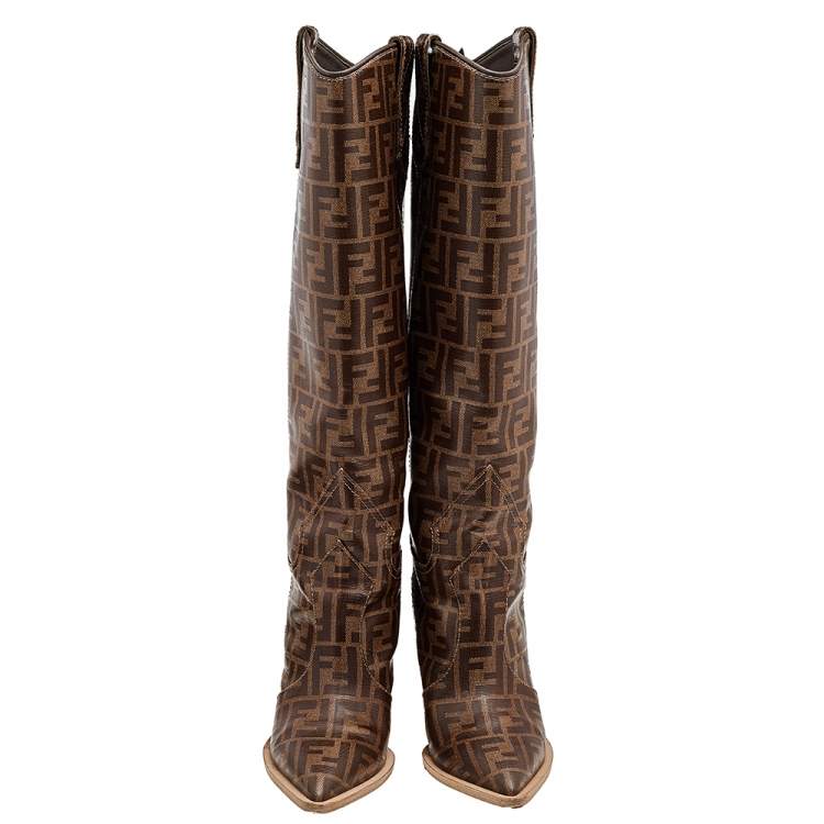 مملوكة مسبقًا Fendi Brown FF Zucca Coated Canvas Knee Length Wooden Heel Boots Size 39