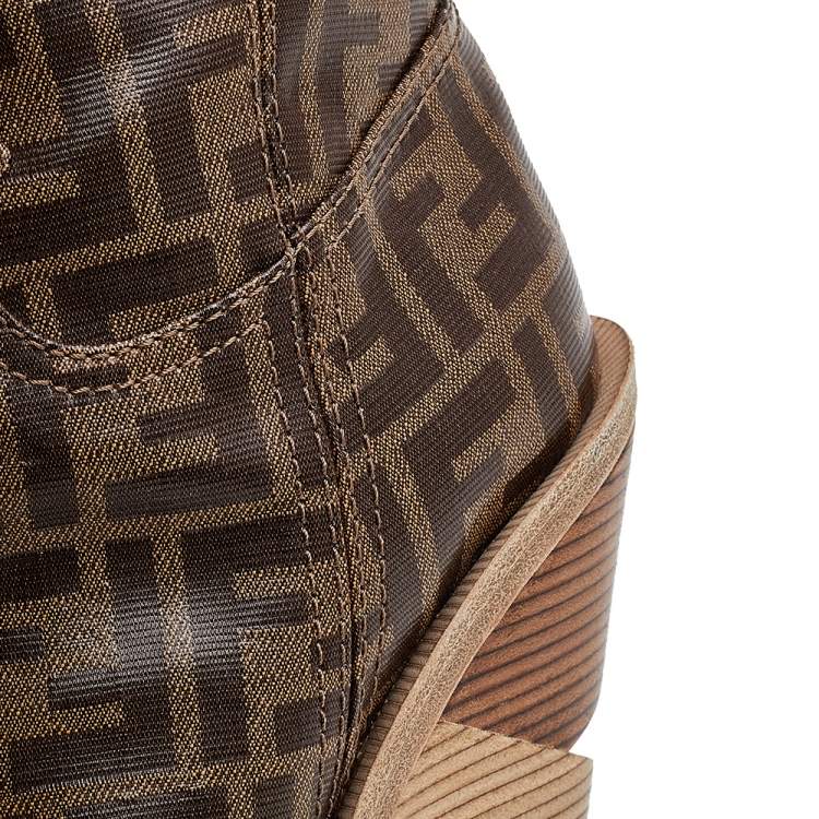 مملوكة مسبقًا Fendi Brown FF Zucca Coated Canvas Knee Length Wooden Heel Boots Size 39