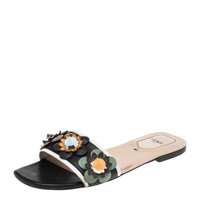 Fendi Black Leather Embellished Flat Sandals Size Fendi TLC