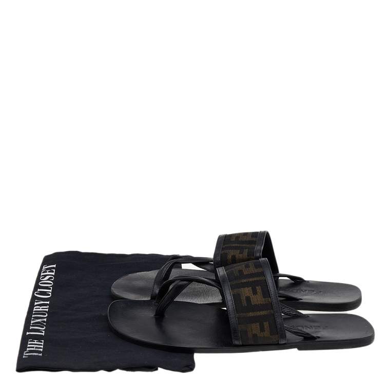 Pre Owned Fendi Black Zucca Canvas And Leather Flat Sandals Size 42