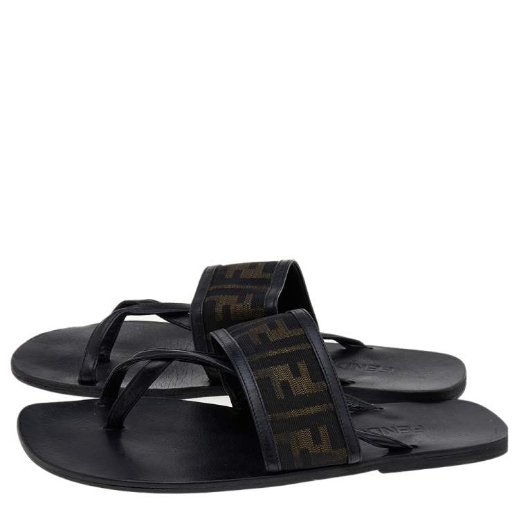 Pre Owned Fendi Black Zucca Canvas And Leather Flat Sandals Size 42