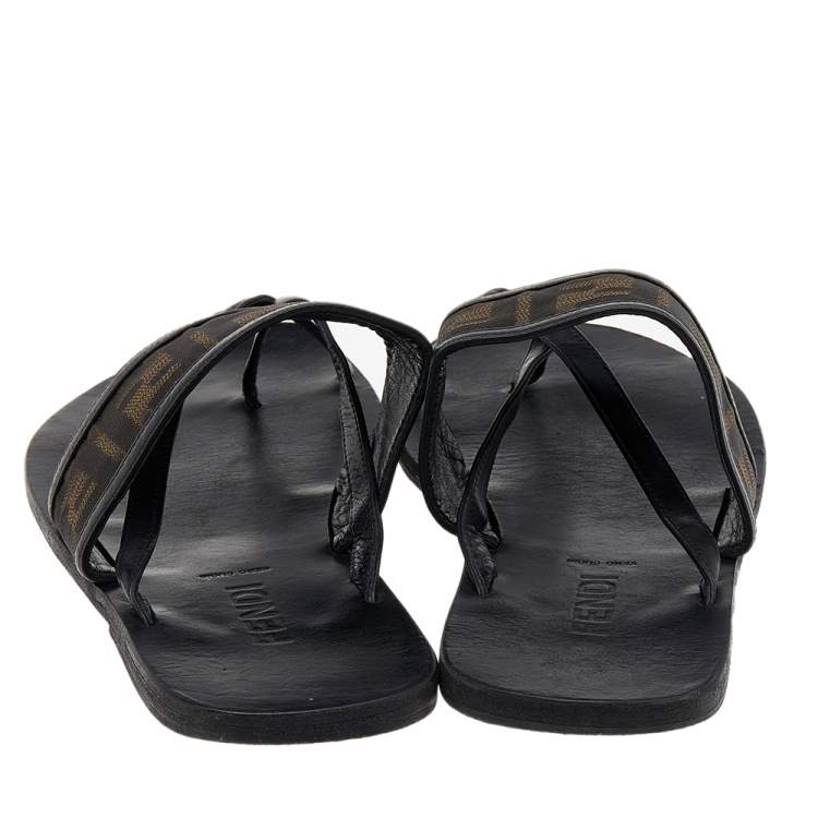 Pre Owned Fendi Black Zucca Canvas And Leather Flat Sandals Size 42