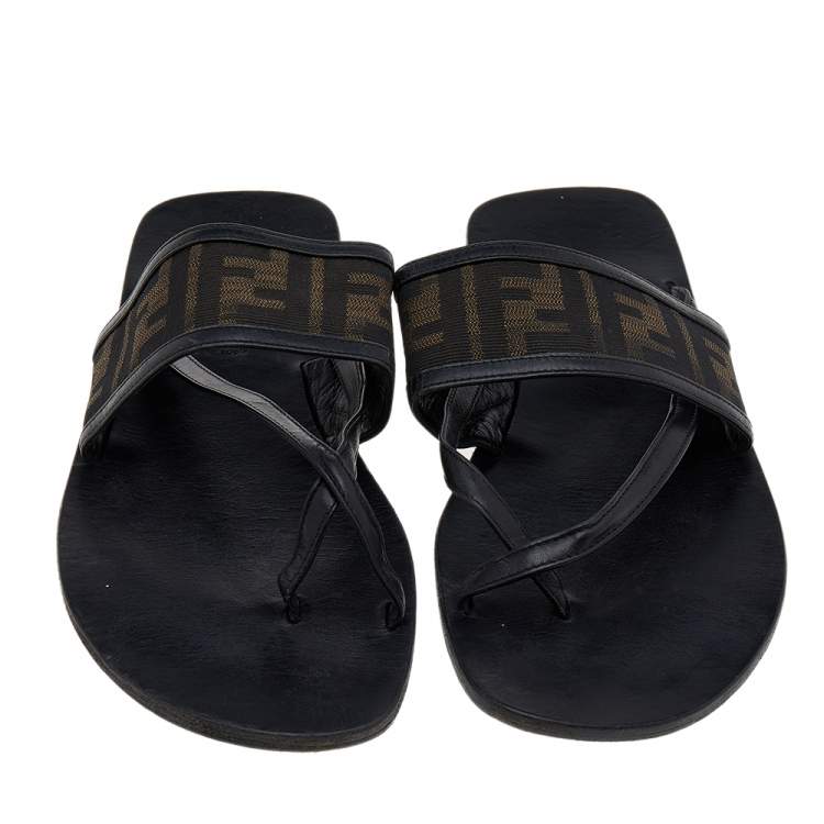 Pre Owned Fendi Black Zucca Canvas And Leather Flat Sandals Size 42