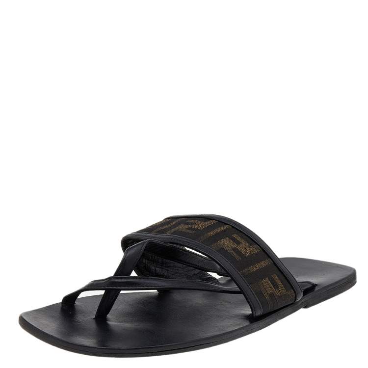 Pre Owned Fendi Black Zucca Canvas And Leather Flat Sandals Size 42